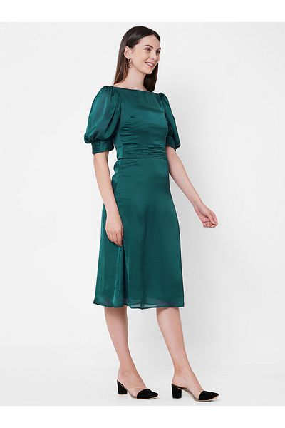 Mish By Styli Boat Neck Chiffon Midi Dress with Puff Sleeve