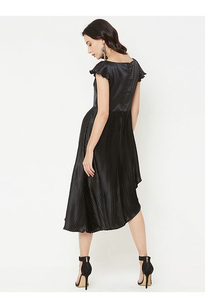 Mish By Styli Boat Neck Accordion Pleat Style Asymmetric Midi Dress