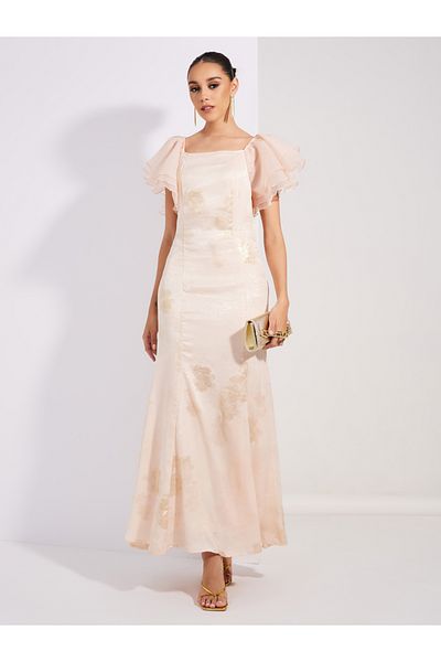 Styli Jacquard Print Mermaid Fit Maxi Dress with Ruffled Sleeve