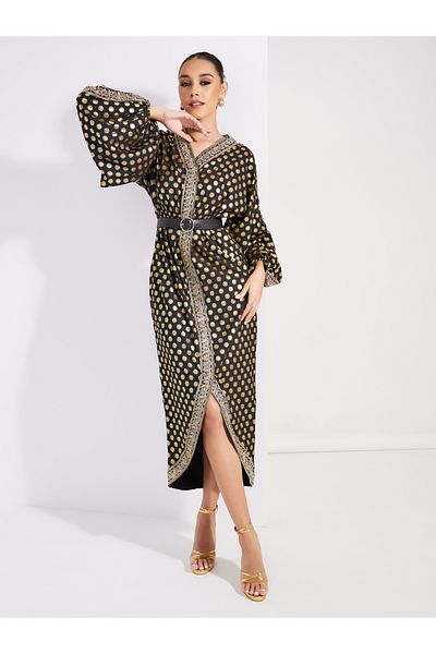 Styli Foil Print Lace Detail Maxi Dress with Volume Sleeves