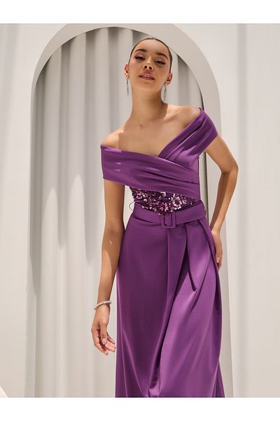 Styli Sequined Off Shoulder Neck Belted Maxi Dress