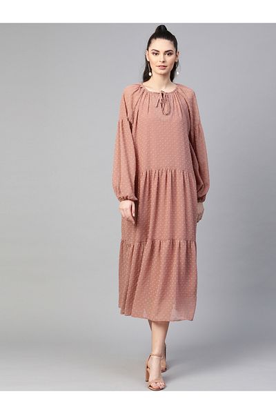 Sassafras By Styli Dobby Tie Up Neck Tiered Midi Dress