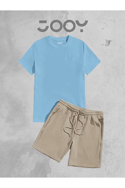 Jooy Company Σετ μπλουζάκι μπεζ Oversize και χτενισμένο βαμβακερό σορτς - Μπλε