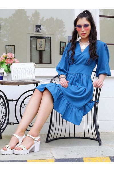Sera By Styli Solid V Neck Ruffle Hem A-Line Mini Dress