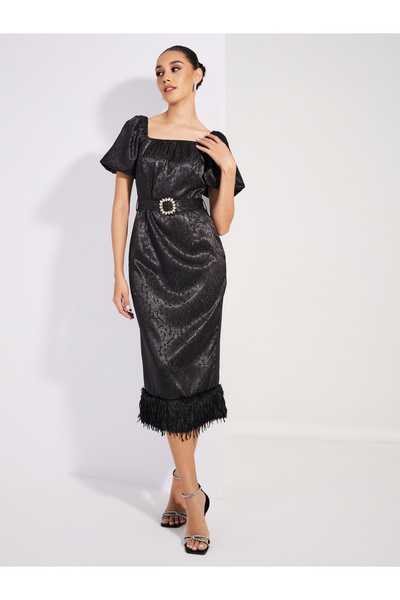Styli Jacquard Faux Fur Detail Belted Midi Dress