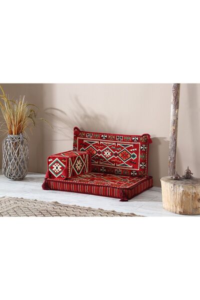 BAKIRÖZÜ HOME Şark Köşesi Takımı , 95 Cm Yer Minderi Takımı (sünger Dahil) Anadolu Kırmızı Modeli (3 Parça)