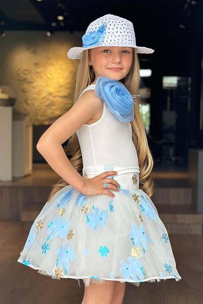 Riccotarz Set de bluză pentru fetiță cu un singur umăr, detaliat trandafir și fustă albastră cu model jacquard