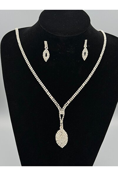 Kadın Abiye Kristal Taşlı Damla Modelli Kolye Küpe Set
