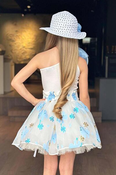 Riccotarz Set de bluză pentru fetiță cu un singur umăr, detaliat trandafir și fustă albastră cu model jacquard