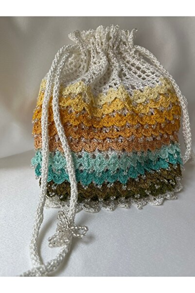 MSS ATALIER Kadın Fiyonk Kurdele Detaylı,boncuk Oyalı El Omuz Mini Çanta, Ekru Örgü Kese Çanta,gelin,party-düğün