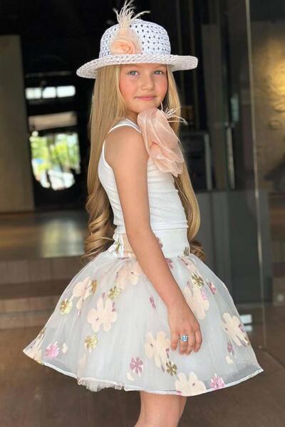 Riccotarz Κοριτσίστικο σετ μπλούζα με έναν ώμο με λεπτομέρεια τριαντάφυλλο και φούστα σολομού με σχέδιο ζακάρ