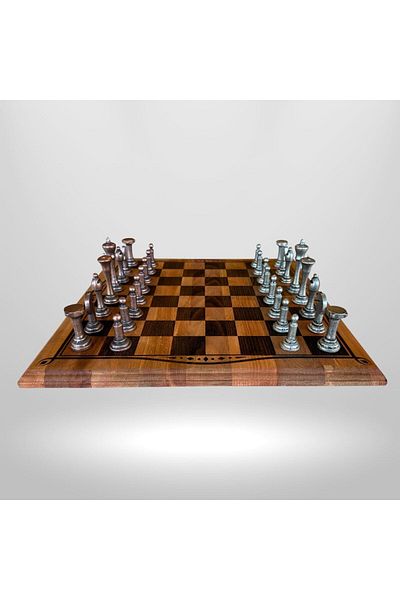 Metalicraft MC29 Metal Chess Set - Natural Wooden Beech Board - Handmade Antique Metal Stones