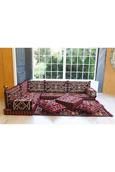 BAKIRÖZÜ HOME Şark Köşesi Takımı Konsepti Bordo Anadolu Modeli Koltuk Takımı Sünger Dahil (13 Parça)
