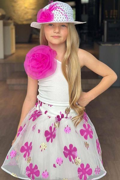 Riccotarz Fată - Set de bluză cu un singur umăr și fuste fucsia jacquard cu detalii trandafiri