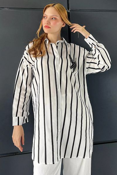 GÜLSELİ Bird Embroidered Striped White and Black Casual Tunic