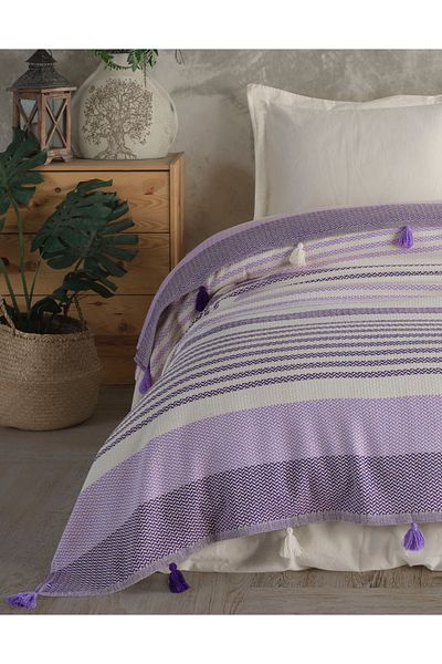 Lux Touch بيكيه مزدوج باللون الأرجواني من Mabel - 220x240 سم، قطن مع بوم بوم