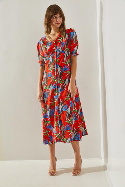 Bianco Lucci Μίντι γυναικείο φόρεμα καρπούζι με λαιμόκοψη - με κουμπιά, 3699,60251403