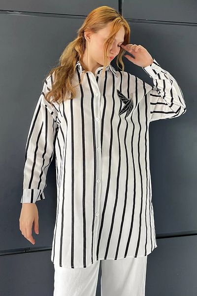 GÜLSELİ Bird Embroidered Striped White and Black Casual Tunic