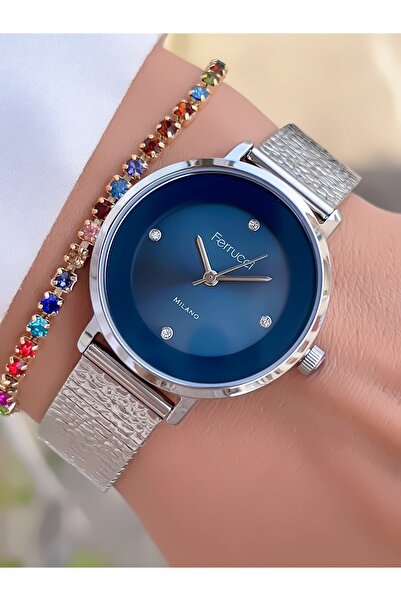 Ferrucci ساعة يد نسائية وسوار هدية - حبل شبكي من الفولاذ