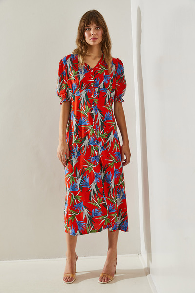 Bianco Lucci Μίντι γυναικείο φόρεμα καρπούζι με λαιμόκοψη - με κουμπιά, 3699,60251403