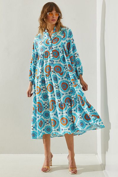 Bianco Lucci Ethnic Patterned Women's Dress - Elastic Sleeve and Button Detail, Model 375460251402