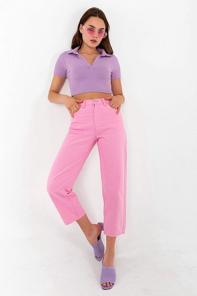Darkly Jeans Pink Crop Straight Fit Jean - Super High Waist