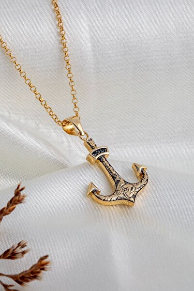 Cenova Jewelry 14 Ayar Altın El Yapımı Taşlı Çapa Model 55 Cm Zincirli Erkek Kolye