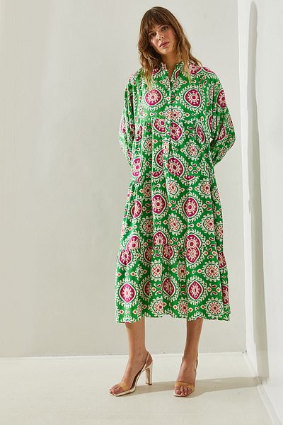 Bianco Lucci Ethnic Patterned Women's Dress - Elastic Sleeve and Button Detail, Model 375460251402