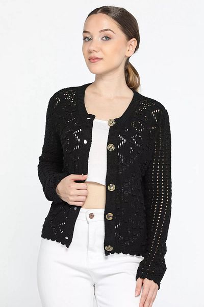 GÜLSELİ Openwork Embossed Patterned Black Women's Knitwear Cardigan - Front Buttoned