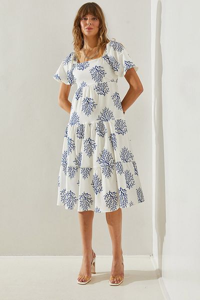 Bianco Lucci Women's Leaf Patterned Square Collar Watermelon Sleeve Bow Detail 5891 Dress -60251408