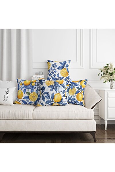 dekomall home & living Set de 4 lămâie și frunze albastre - husă de pernă 439