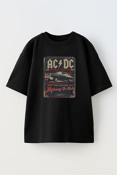 NMG TEKSTİL Tricou tricotat unisex negru oversize din bumbac ACDC cu poster de mașină