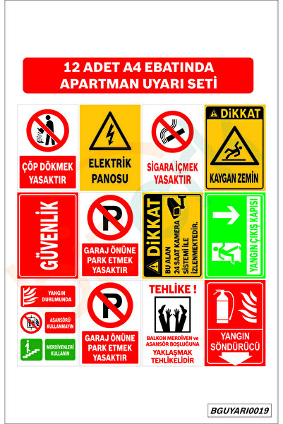 bizerk görsel Apartman Uyarı Seti12 Adet A4 ebatında İSG Uyarı ve  İkaz Levhası 3mm Dekota UV Baskı