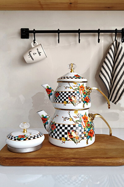 PORLİSMA Amara Çift Kapak Emaye Çaydanlık Takımı, Desenli Emaye Çaydanlık Seti