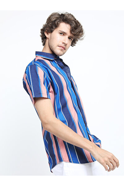 Highlander By Styli Striped Pocket Detail Slim Fit Shirt with Short Sleeves