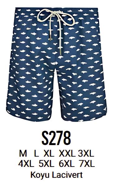 LAPIENO Large Size Fish Patterned Dark Navy Blue Men's Sea Shorts