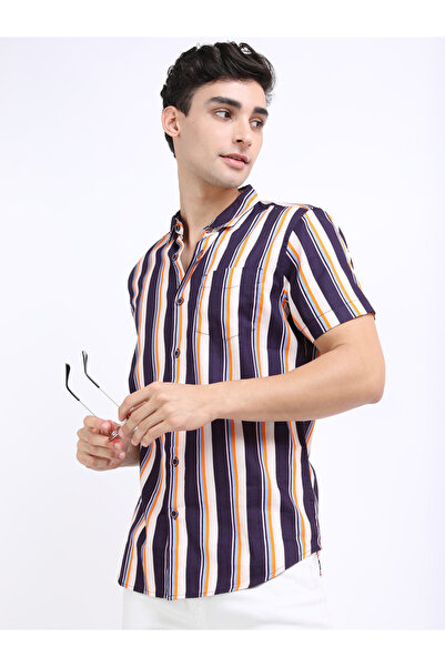 Highlander By Styli Striped Chest Pocket Detail Shirt with Short Sleeves