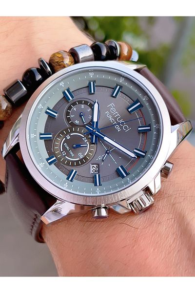 Ferrucci Leather Cord Steel Case Function Men's Wristwatch + Bracelet with Gift