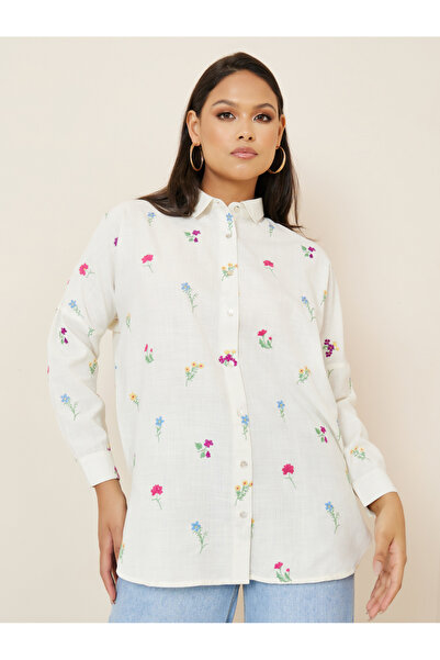 Styli قميص طويل بمظهر كتان مطرز بالكامل