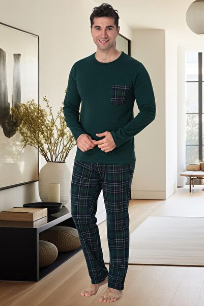 Lohussa Plus Size Green Plaid Long Sleeve Men's Pajama Set - 100% Cotton