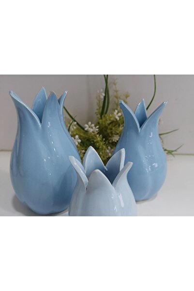 esdekor 2'li Lale Vazo Seramik (14x8cm + 12x7cm) Mavi