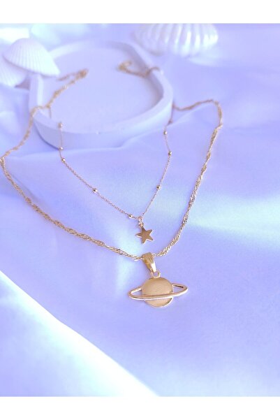 LE&DA Accessory ALTIN KAPLAMA OPAL YILDIZ GEZEGEN İKİLİ TOP ZİNCİRLİ KOLYE