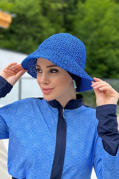 Remsa Mayo Straw Color Saks Blue Knitted Hand Hat - RŞ-83