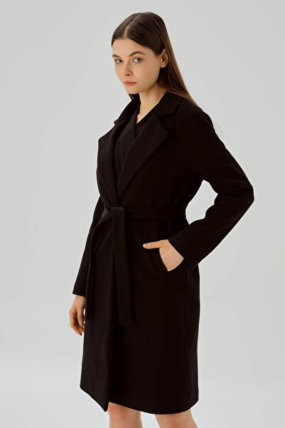 Rays 7218A Μαύρο παλτό με κασμίρ - Με κορδόνι στη μέση