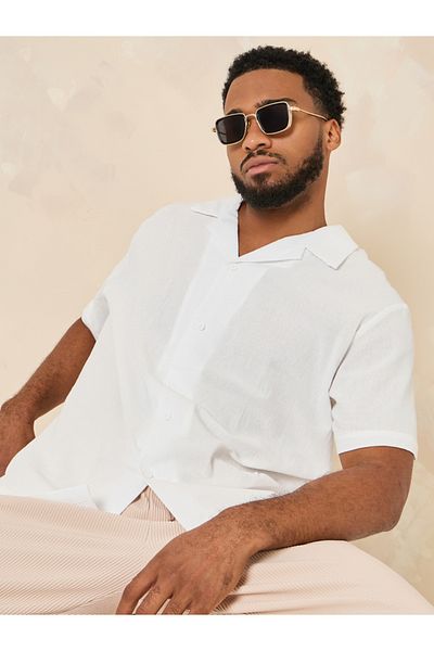 Styli Cotton Textured Resort Collar Relaxed Shirt