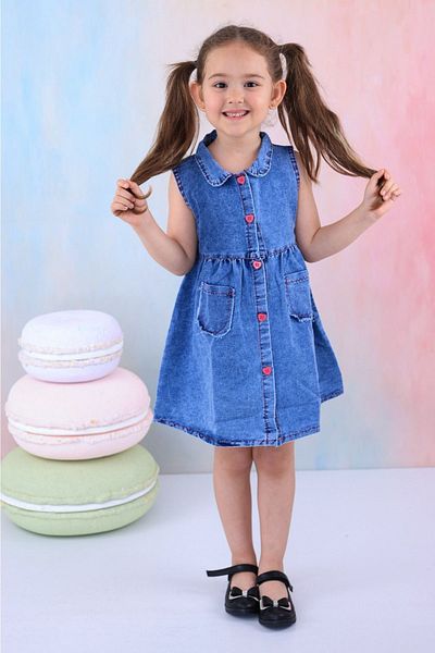 BUUFUU Girl's - Front Buttoned Denim Zifir Sleeve Dress