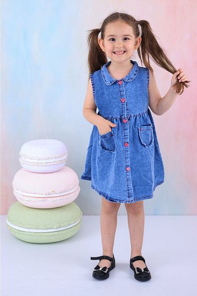 BUUFUU Girl's - Front Buttoned Denim Zifir Sleeve Dress