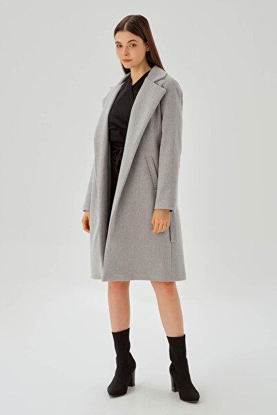 Rays 7218Α - Γκρι παλτό με καστανόχρωμο καστανόχρωμο χρώμα, με κορδόνι στη μέση