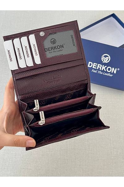 DERKON Mendy Model Useful Genuine Leather Medium Size Women's Wallet Claret Red Color