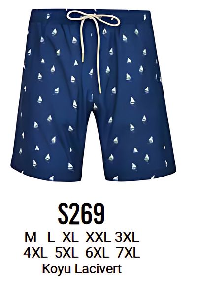 LAPIENO Large Size Boat Patterned Dark Navy Blue Men's Swim Shorts